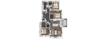 A top-down view of a modern apartment layout with a living room, kitchen, dining area, and bedrooms.