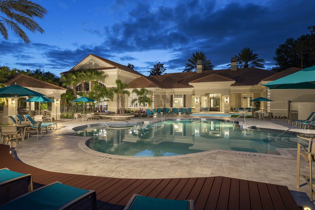 Sanford Lake's Edge Apartments pool at dusk