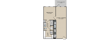 A floor plan of a small apartment with a living room, bedroom, and bathroom.