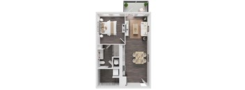 A top-down view of a modern apartment with a kitchen, living room, and bathroom.