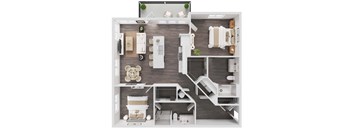A top-down view of a modern apartment with a kitchen, living room, and bedrooms.
