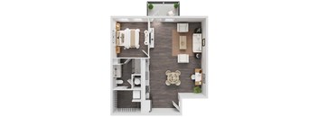 A top-down view of a modern apartment with a kitchen, living room, and dining area.