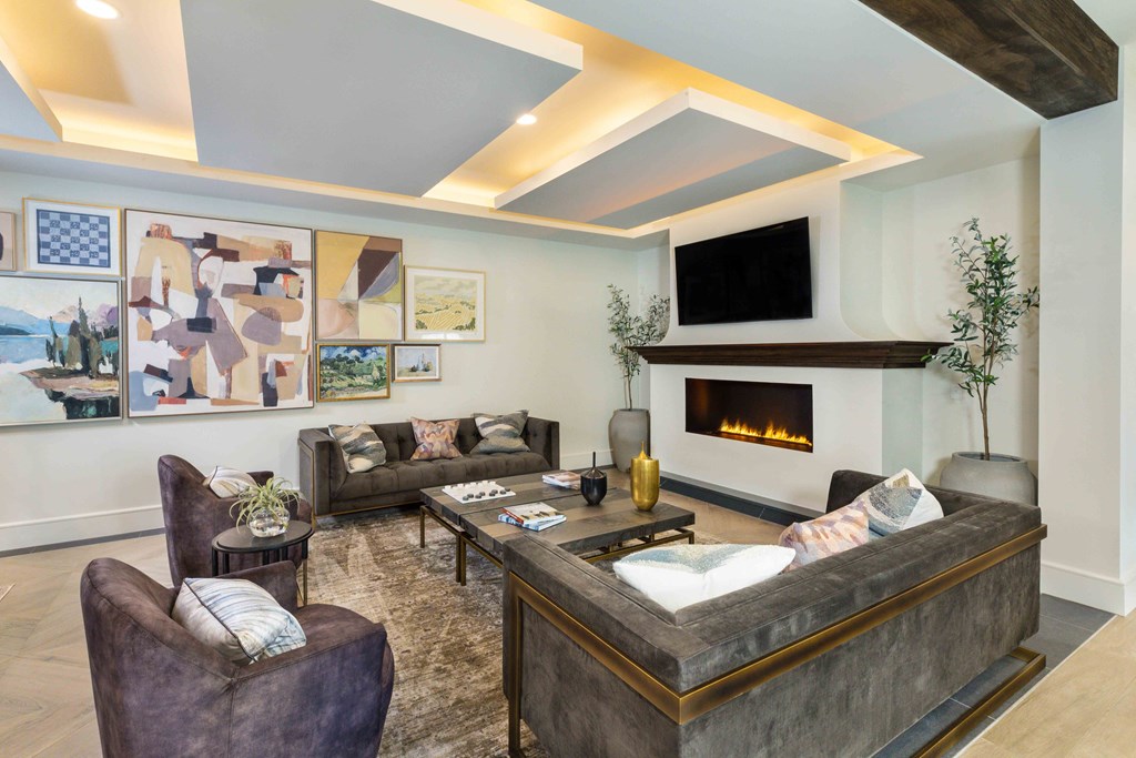 Louisville Plainview Apartments resident lounge with fireplace