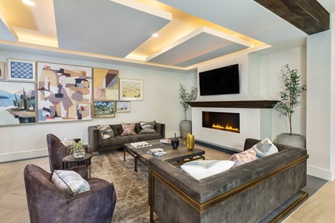 Louisville Plainview Apartments resident lounge with fireplace