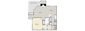 A floor plan of a house with a living room, bedroom, and dining area.