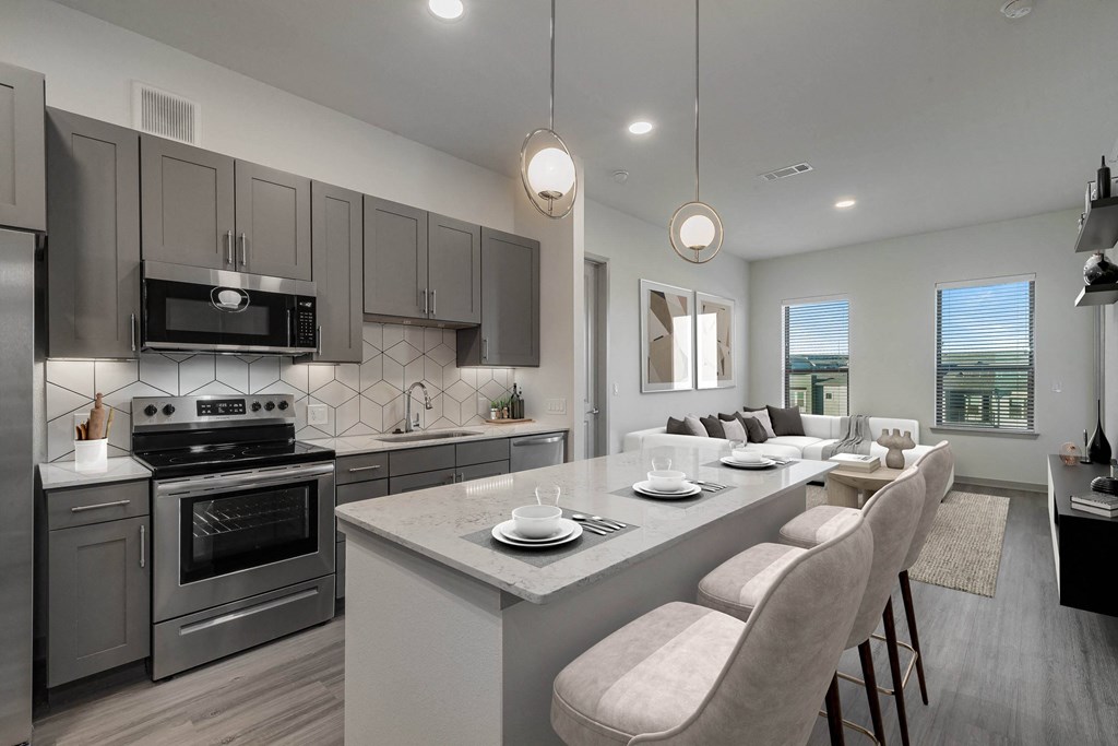 Sagemont Apartments Irving Texas large kitchen island with barstool seating