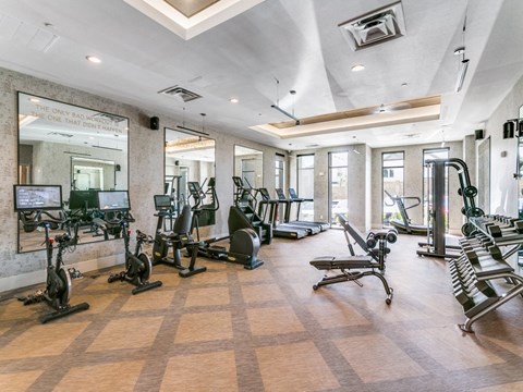 Sagemont Apartments Irving Texas fitness center with strength and cardio equipment