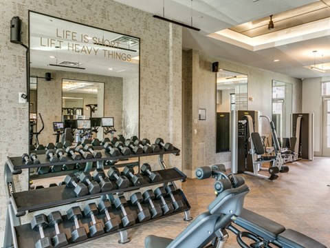 Sagemont Apartments Irving Texas fitness center with free weights