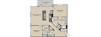 A floor plan of a house with a living room, two bedrooms, a bathroom, and a patio/balcony.