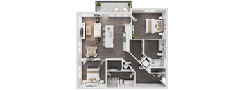 A top-down view of a modern apartment with a kitchen, living room, and bedroom.