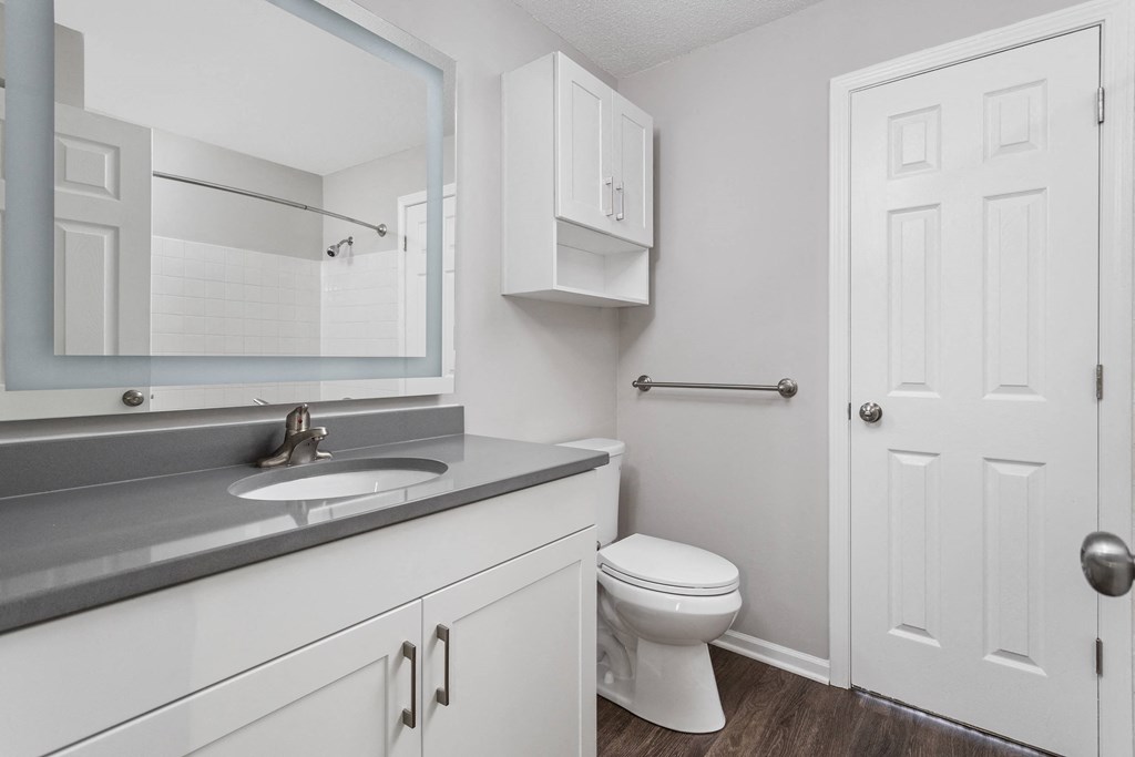 Indianapolis The Lakes Apartments updated bathroom with white vanity and quartz countertop