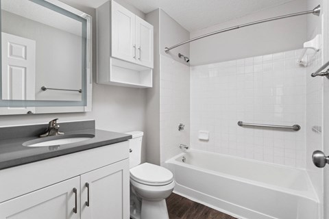 Indianapolis The Lakes Apartments modern bathroom with large vanity