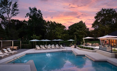 A pool surrounded by trees and lounge chairs.