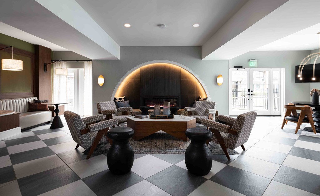 Hurstbourne Grand Apartments Louisville resident lounge with fireplace and lounge seating