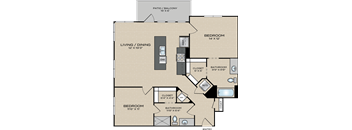 A floor plan of a house with a living room, two bedrooms, a bathroom, a closet, and a patio/balcony.
