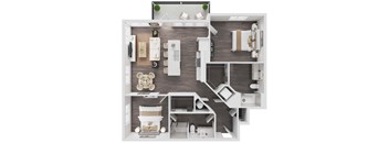 A top-down view of a modern apartment layout with a kitchen, living room, and bedrooms.