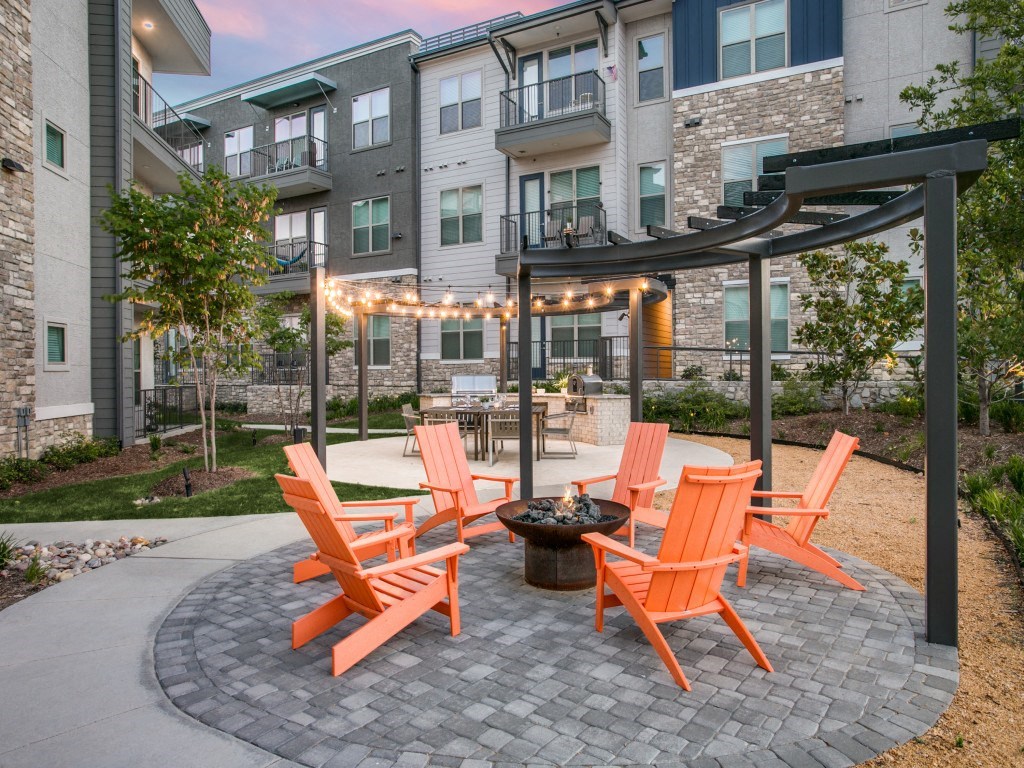 Westloop at the Diamond Interchange Irving TX outdoor fire pit at dusk