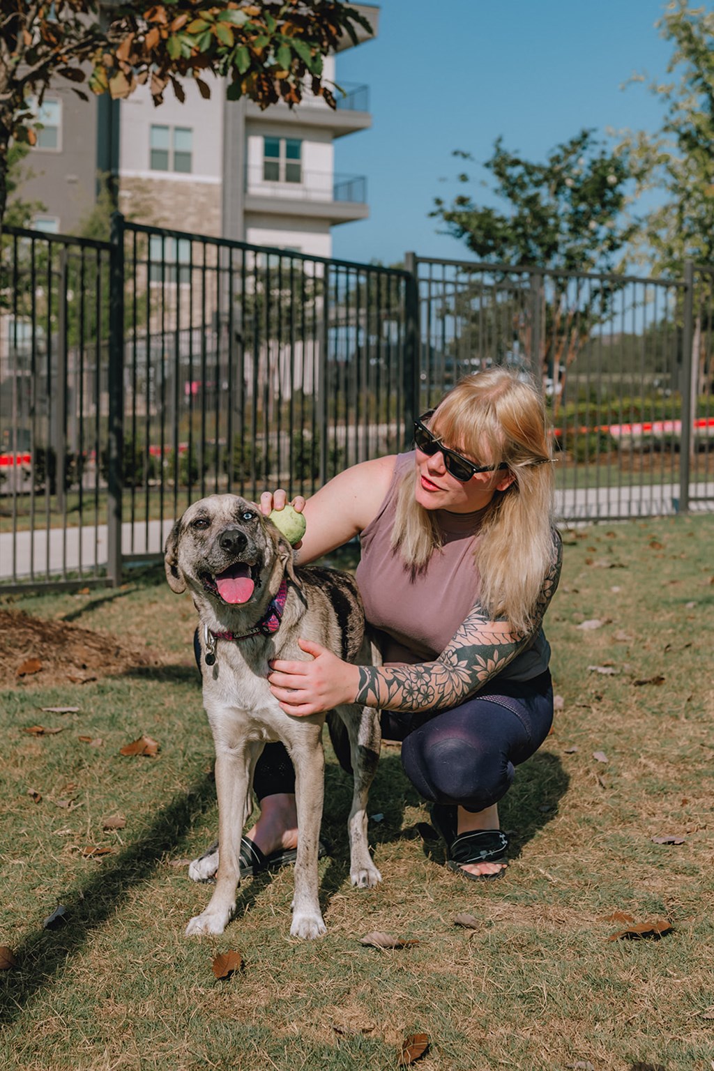 a woman is petting her dog in a park