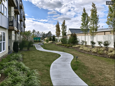 A pathway in a park-like setting with trees and grass.