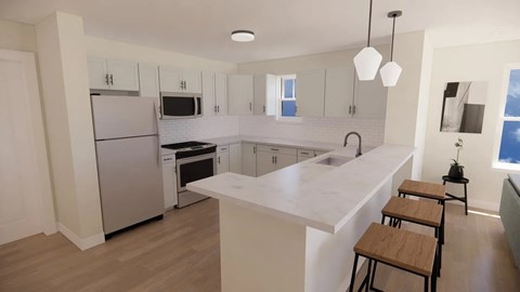 A kitchen with a white countertop and wooden stools.