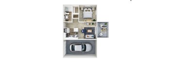 A top-down view of a house layout with a bedroom, living room, kitchen, and a garage with a car.