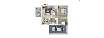 A top-down view of a house layout with a car parked in the driveway.