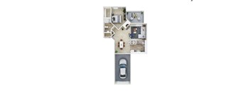 A top-down view of a house with a car parked in the driveway.