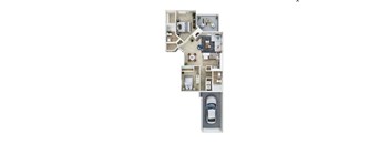 A 3D floor plan of an apartment with a car parked in the garage.