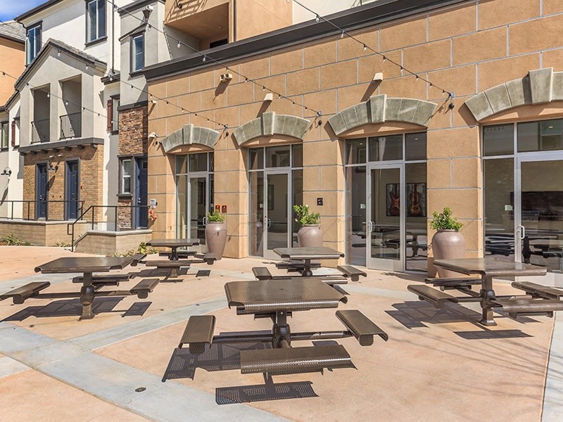 a row of picnic tables outside of a building
