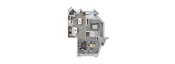 A top-down view of a house with a living room, kitchen, and two bedrooms.