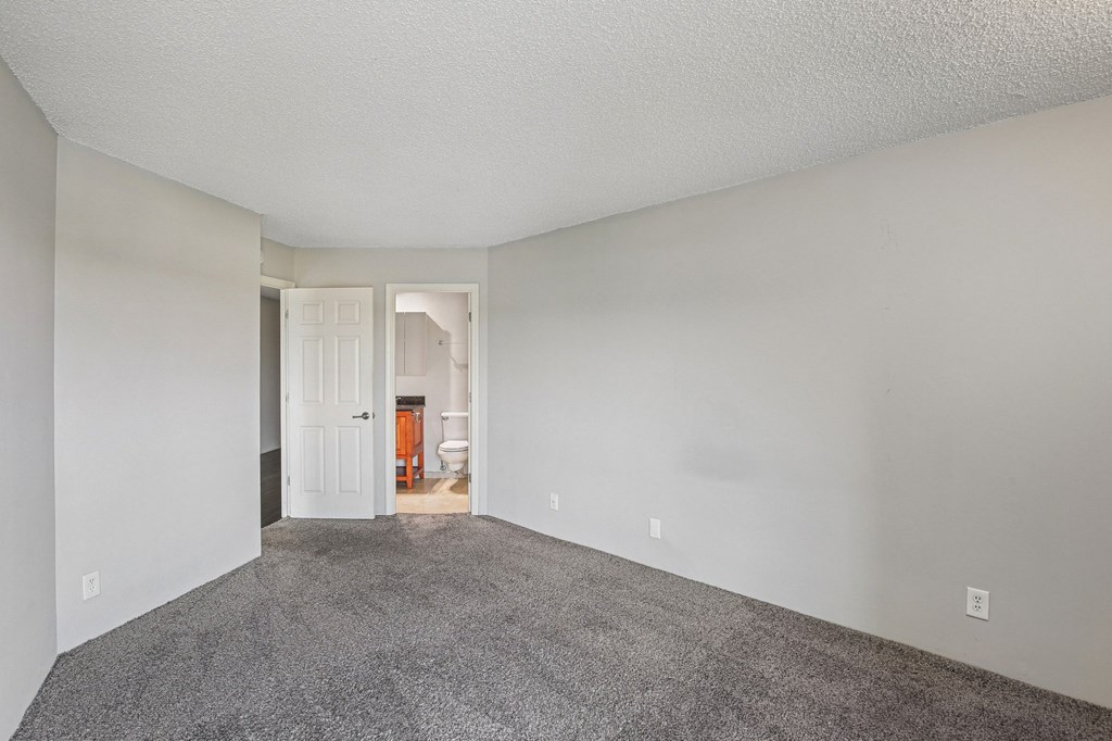 A room with a carpeted floor and a doorway leading to another room.