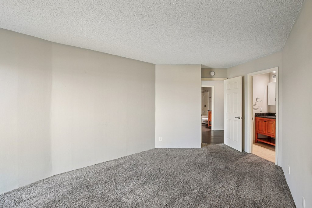 A room with a grey carpet and white walls.