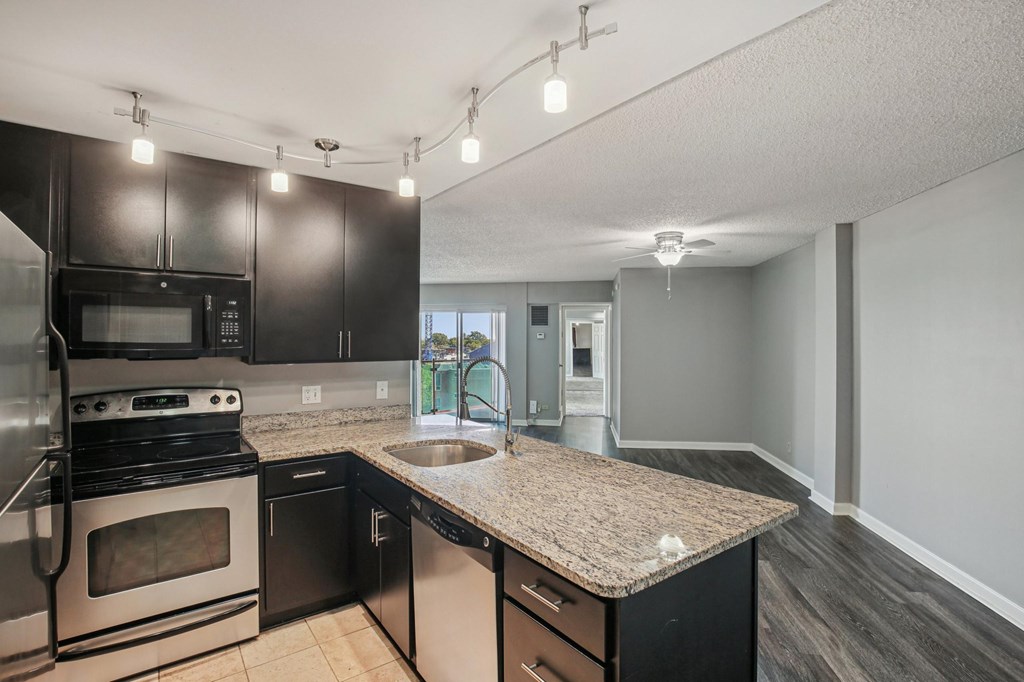 A kitchen with black cabinets and stainless steel appliances.