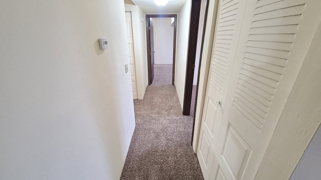 a hallway with white walls and a carpeted floor and a closet with a door