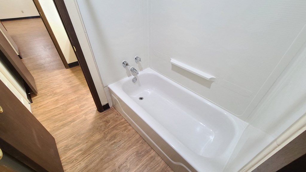 a bath tub in a bathroom with a wood floor