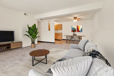 A living room with a grey couch and a wooden coffee table.