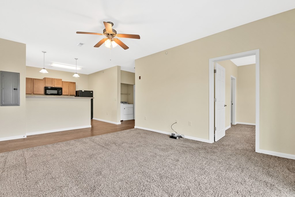 A room with a ceiling fan and a carpeted floor.