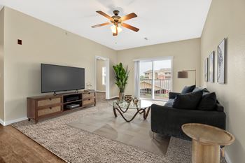 A living room with a television, a couch, and a plant.