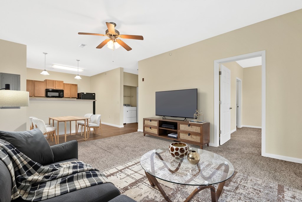 A living room with a couch, a coffee table, and a television.
