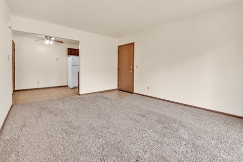 A room with a carpeted floor and a door.