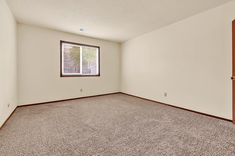 A room with a carpeted floor and a window.