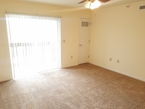 A room with a carpeted floor, a ceiling fan, and a door.