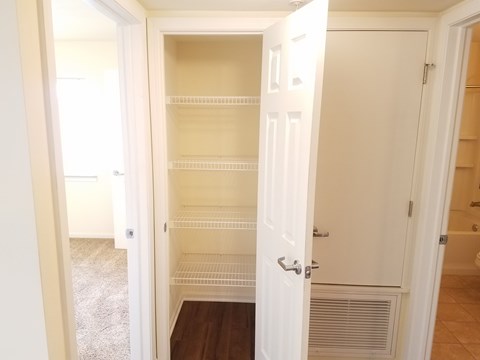 A white closet with shelves and a door.