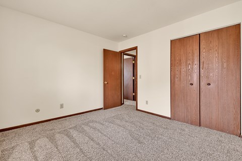 A room with a carpeted floor and two wooden doors.