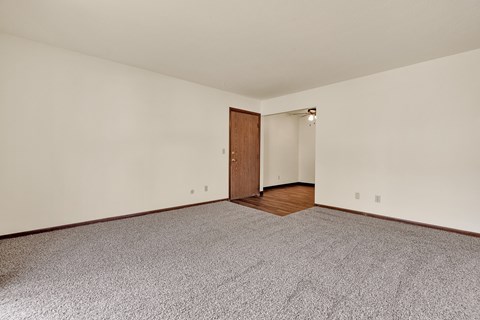 A room with a carpeted floor and a wooden door.