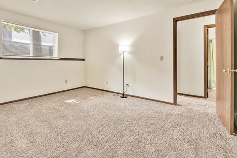 A room with a carpeted floor and a lamp on a stand.