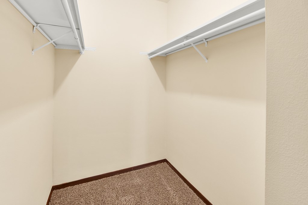 A room with a brown carpet and two white shelves on the wall.