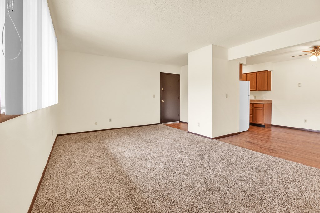 A room with a brown carpet and a ceiling fan.
