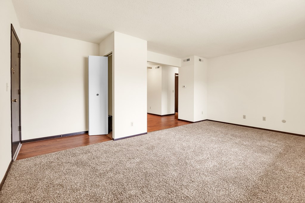 A room with a carpeted floor and white walls.