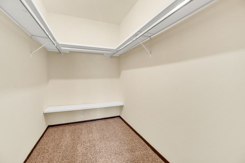 A room with a brown carpet and a white ceiling.
